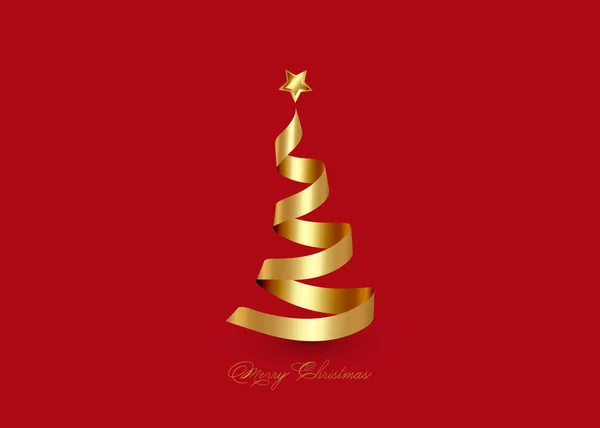 Креативная рождественская елка из трехмерной золотой ленты и золотой звезды, выделенный на красном фоне вектор для концепции празднования Рождества — стоковый вектор