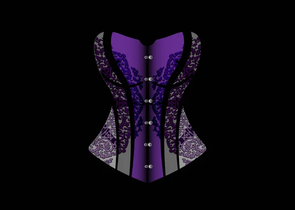 Logotipo de corsé de lujo. Encaje corsé vintage púrpura oscuro, estilo gótico. Diseño vectorial aislado sobre fondo negro — Archivo Imágenes Vectoriales