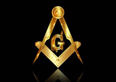 Altın masonluk amblemi - masonik kare ve pusula sembolü. Hepsi tanrının kutsal geometri üçgenindeki gözü, duvarcılık ve illuminati sembolü, altın logo tasarım elementi. Siyah üzerine izole edilmiş vektör