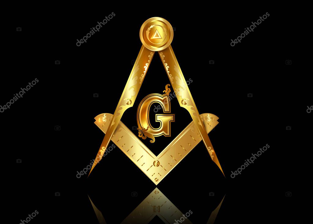 Gold freemasonry emblem - the masonic square and compass symbol. All seeing eye of god in sacred geometry triangle, masonry and illuminati symbol, golden logo design element. vector isolated on black