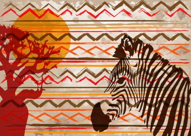 Afrika baskı kumaşı. Tasarımınız için el yapımı etnik bir süs. Afrika Safari kavramı, klasik kabile motifi elementleri, turuncu günbatımında hayvan zebra ve baobab ağacı. Afro tekstil pareo elbise batik