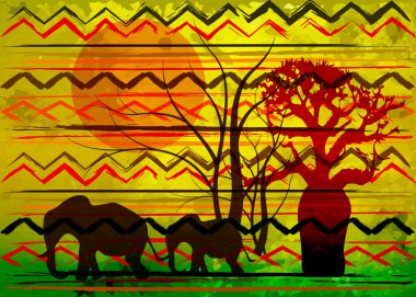 Afrika baskı kumaşı. Tasarımınız için el yapımı etnik bir süs. Afrika Safari kavramı, klasik kabile motifi elementleri, hayvan fili ve baobab ağacı portakal rengi günbatımı. Afro tekstil pareo elbise batik