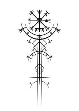 Sihirli antik Viking sanat deco, Vegvisir sihirli navigasyon eski pusula. Vikingler, Viking toplumunda yaygın olarak kullanılan İskandinav mitolojisine göre birçok sembol kullandılar. Logo simgesi Wiccan ezoterik işareti