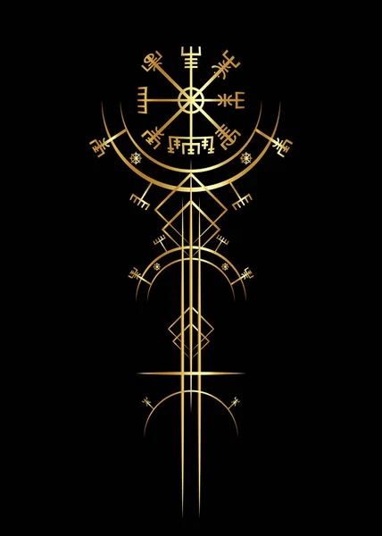 魔法の古代のバイキングアートデコ ゴールデンベジヴィール魔法のナビゲーションコンパス バイキングは バイキング社会で広く使用されている北欧神話に従って多くのシンボルを使用しました Logo Icon Wiccan Esoteric Sign — ストックベクタ
