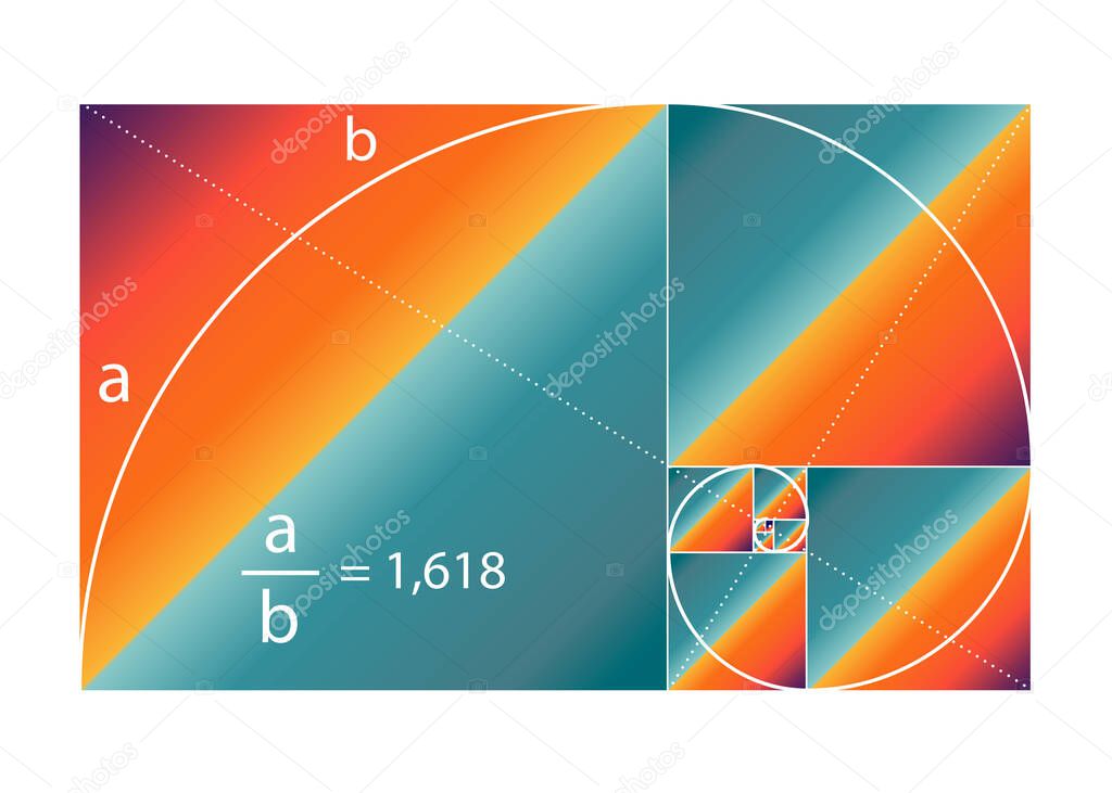 Golden ratio. Fibonacci number with the mathematical formula, golden section, divine proportion and black spiral in colorful design gradient style, vector isolated on white background