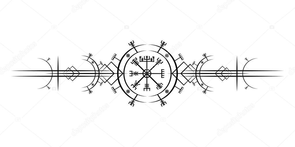 Magic ancient viking art deco, Vegvisir magic navigation compass ancient. The Vikings used many symbols in accordance to Norse mythology,  widely used in Viking society. Logo icon Wiccan esoteric sign