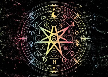 Wiccan koruma sembolü. Mandala Cadıları rünleri, Mistik Cadı kehaneti. Boho stili Renkli Antik okült sembolleri, Dünya Zodiac Yılın Çarkı Astrolojik işaretleri, vektör izole veya siyah 