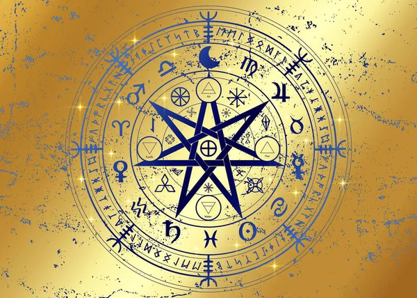 Викканский Символ Защиты Золотая Мандала Ведьмы Руны Мистик Викка Гадание — стоковый вектор