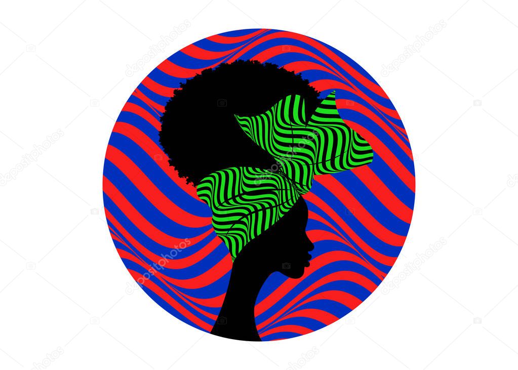 African Logo round design, Portrait African woman wears bandana for curly hairstyle. Shenbolen Ankara Headwrap Women. Afro Traditional Headtie Scarf Turban tribal zebra fabric design texture. Isolated