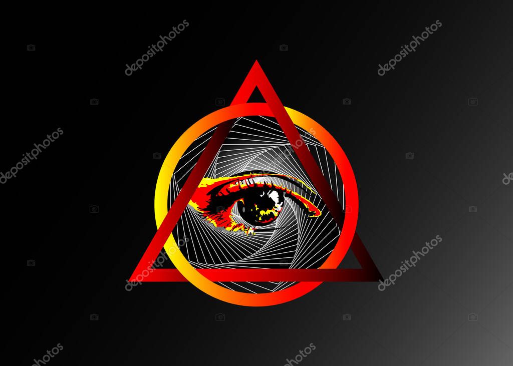 Sacred Masonic symbol. All Seeing eye, the third eye, The Eye of Providence, inside triangle pyramid. New World Order. Hand-drawn alchemy, religion, spirituality, occultism. Vector isolated or black