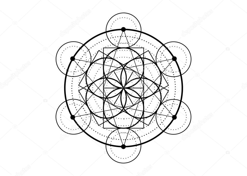 Seed of life symbol Sacred Geometry tattoo.  Geometric mystic mandala of alchemy esoteric Flower of Life. Black vector divine meditative amulet isolated on white background