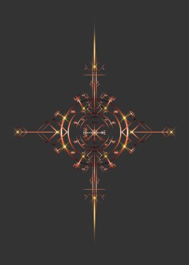 Sihirli antik Viking sanat deco, Vegvisir sihirli navigasyon eski pusula. Vikingler İskandinav mitolojisine göre birçok sembol kullandılar. Alevli altın rengi bronz logo simgesi Wiccan ezoterik işareti izole edildi