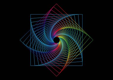 Çizgi çizimi renkli mandala, kutsal geometri, logo tasarım elementi. Simya ezoterik sembolünün geometrik mistik spektrumu, siyah arkaplanda izole edilmiş vektör çizimi 