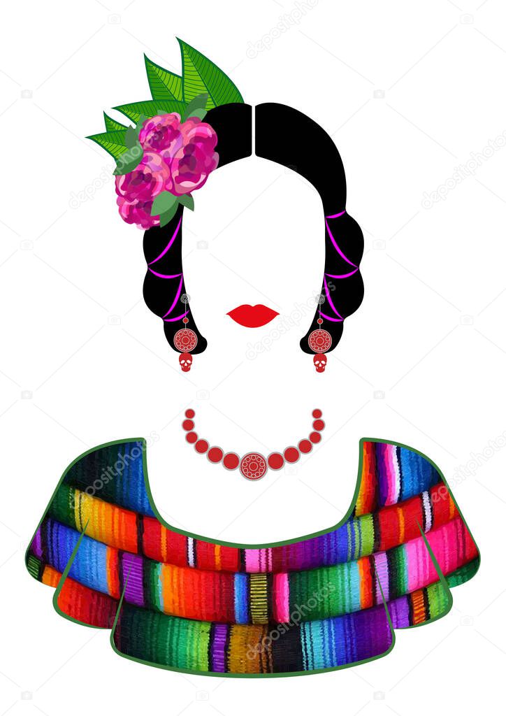 Mexican woman with mayan dress latin ethnicity and flowers hairstyle, vector isolated on white background
