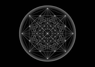Çizgi çizimi mandala, kutsal geometri, beyaz logo tasarım elementi. Simya ezoterik sembolünün geometrik mistik mandala 'sı, siyah arkaplanda izole edilmiş vektör çizimi