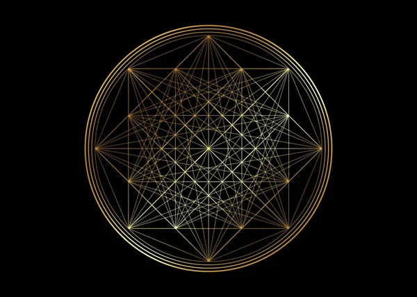 金线画曼陀罗 神圣几何图形 金色豪华标志设计元素 炼金术深奥符号的几何神秘曼陀罗 在黑色背景上孤立的矢量图解 — 图库矢量图片