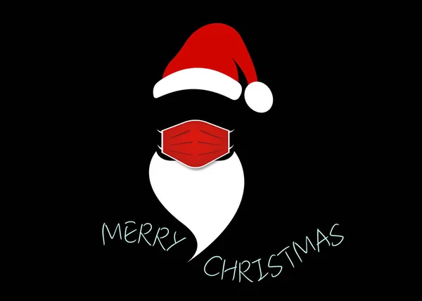 外科用マスク 赤い帽子と白いひげを持つサンタクロースの頭ラベル メリークリスマスサンタクロースのロゴデザインコロナウイルス保護 黒の背景に隔離されたベクトル — ストックベクタ