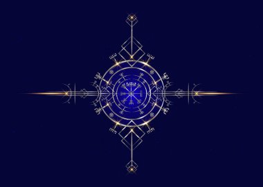 Sihirli antik Viking sanat deco, Vegvisir sihirli navigasyon eski pusula. Vikingler, İskandinav mitolojisine göre birçok sembol kullanmışlardır. Gümüş altın logo simgesi Wiccan ezoteric işareti izole edildi