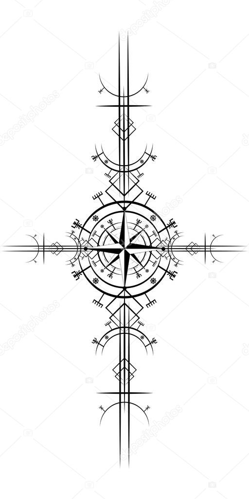 Magic ancient viking art deco, wind rose magic navigation compass ancient. The Vikings used many symbols in accordance to Norse mythology, widely used in Viking society. Logo icon Wiccan esoteric sign