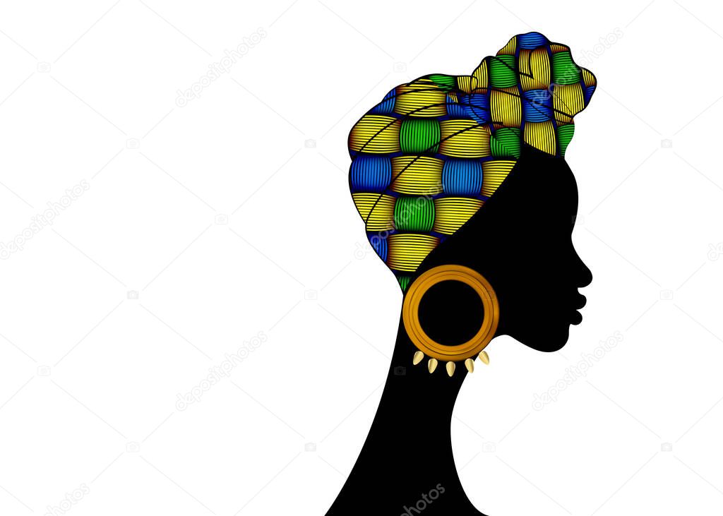 portrait beautiful African woman. Shenbolen Ankara Headwrap Women African Traditional Headtie Scarf Turban. Colorful Kente head wraps Afro fabric design abstract texture. Vector icon logo isolated
