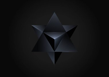 3 boyutlu siyah Merkaba, Kutsal Geometri. Esrarengiz ya da ruhani sembol. Vektör siyah arkaplanda izole edildi. Yıldız dörtyüzlü ikonu. Hafif ruh bedeni, büyülü esrarengiz kehanet sakral logosu. 