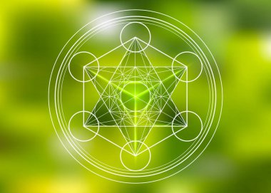 Metatron Küpü, Yaşam Çiçeği, Merkaba kutsal geometri ruhani yeni çağ fütüristik vektör çizimi birbirine kenetlenmiş çemberler, bulanık yeşil arka plan önündeki üçgenler