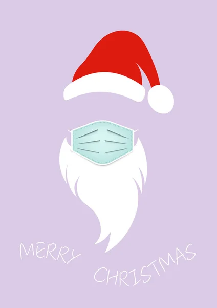 外科用マスク 赤い帽子と白いひげを持つサンタクロースの頭ラベル メリークリスマスサンタクロースのロゴデザインコロナウイルス保護 カラフルな背景に隔離されたベクトル — ストックベクタ