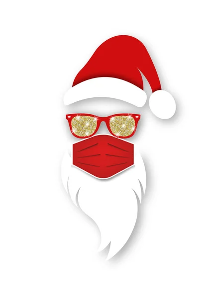 サンタクロースのヘッドラベルは 外科用マスク 赤い帽子 輝くサングラスをかけた白いひげを身に着けています 紙のカットスタイル メリークリスマスサンタクロースのロゴデザインコロナウイルス保護 白に隔離されたベクトル — ストックベクタ