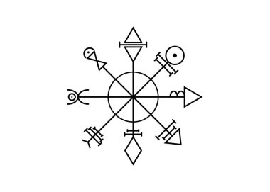 Venüs 'ün ilk beş köşeli yıldızı, sihirli tılsımı mühürlüyor. Kutsal geometri. Vegvisir pusula, Venüs tılsımının mistik karakterleri dövme sanatı, logo, parmak izleri. Stok vektör illüstrasyonu izole edilmiş beyaz arkaplan