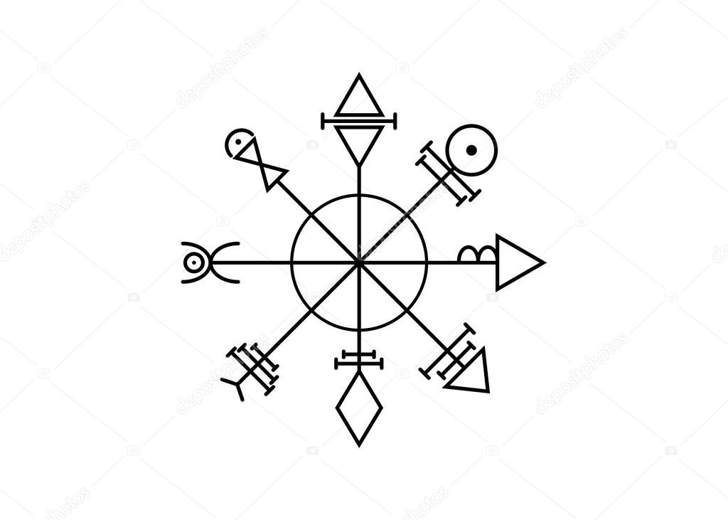 First Pentacle of Venus, seals magical talisman. Sacred geometry. Vegvisir compass mystical Characters of Venus amulet, tattoo art, logo, prints. Stock vector illustration isolated white background