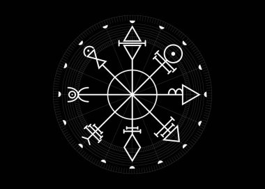 First Pentacle of Venus, seals magical talisman. Sacred geometry. Vegvisir compass mystical Characters of Venus amulet, tattoo art, logo, prints. Stock vector illustration isolated black background  clipart