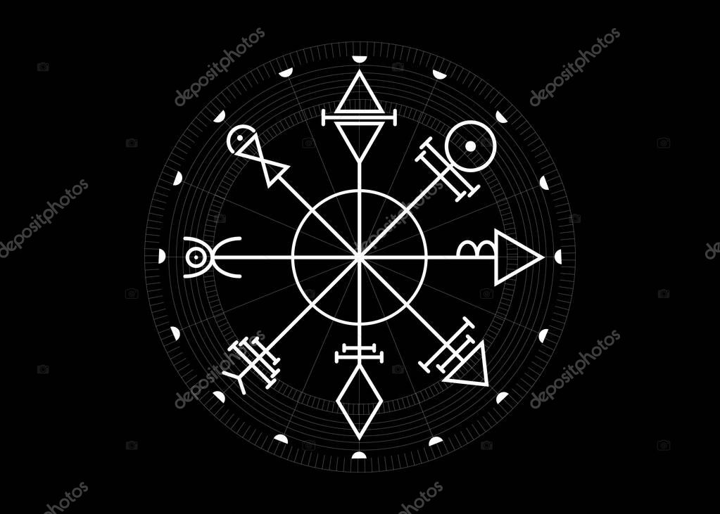 First Pentacle of Venus, seals magical talisman. Sacred geometry. Vegvisir compass mystical Characters of Venus amulet, tattoo art, logo, prints. Stock vector illustration isolated black background