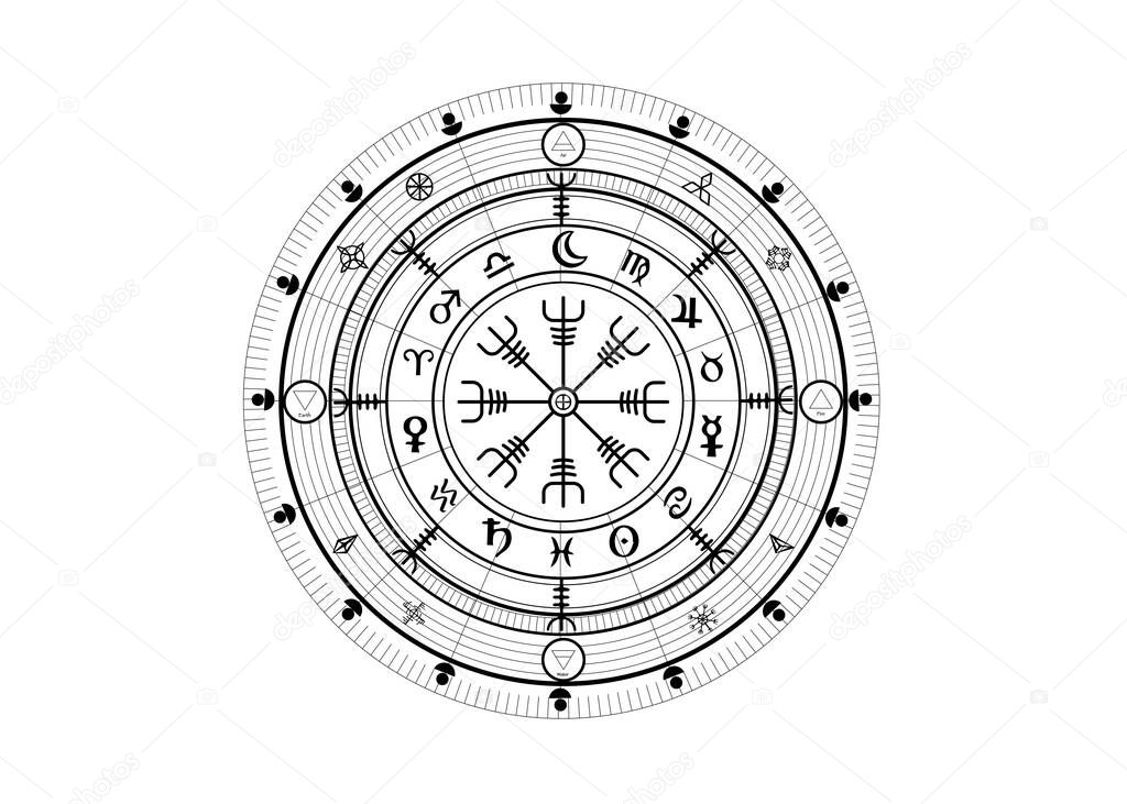 Wiccan symbol of protection. Vegvisir, The Viking Compass, Mystic Wicca divination. Ancient occult symbols, Earth Zodiac Wheel of the Year Wicca Astrological signs, vector isolated or white background