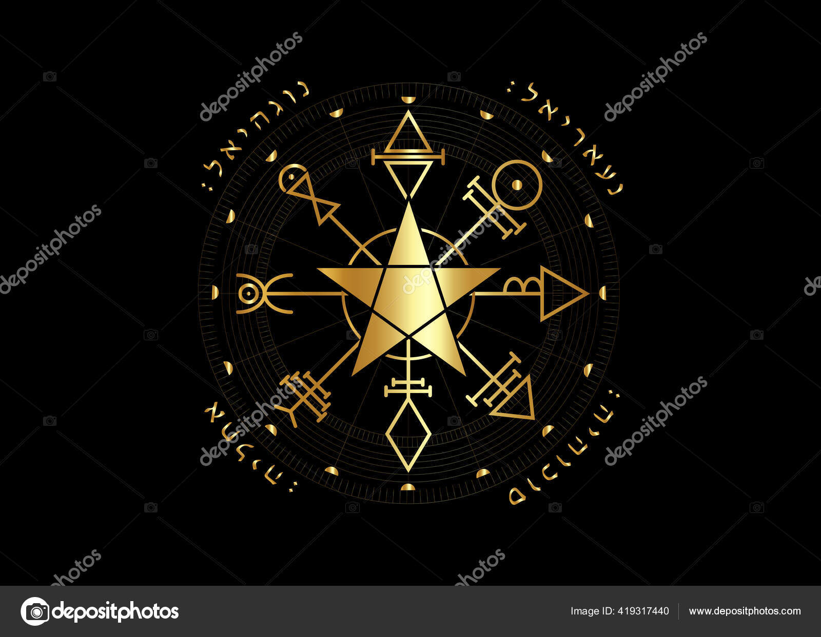 金星の最初の五角形は 魔法のお守りを封印します 神聖な幾何学 Vegvisirコンパス神秘的な文字金のお守り タトゥーアート プリント  ストックベクトルイラスト孤立黒の背景 ストックベクター ©robin_ph 419317440, image size:1600x1243