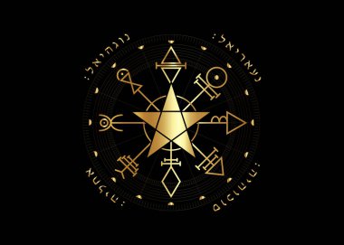 First Pentacle of Venus, seals magical talisman. Sacred geometry. Vegvisir compass mystical Characters gold amulet, tattoo art, logo, prints. Stock vector illustration isolated black background clipart