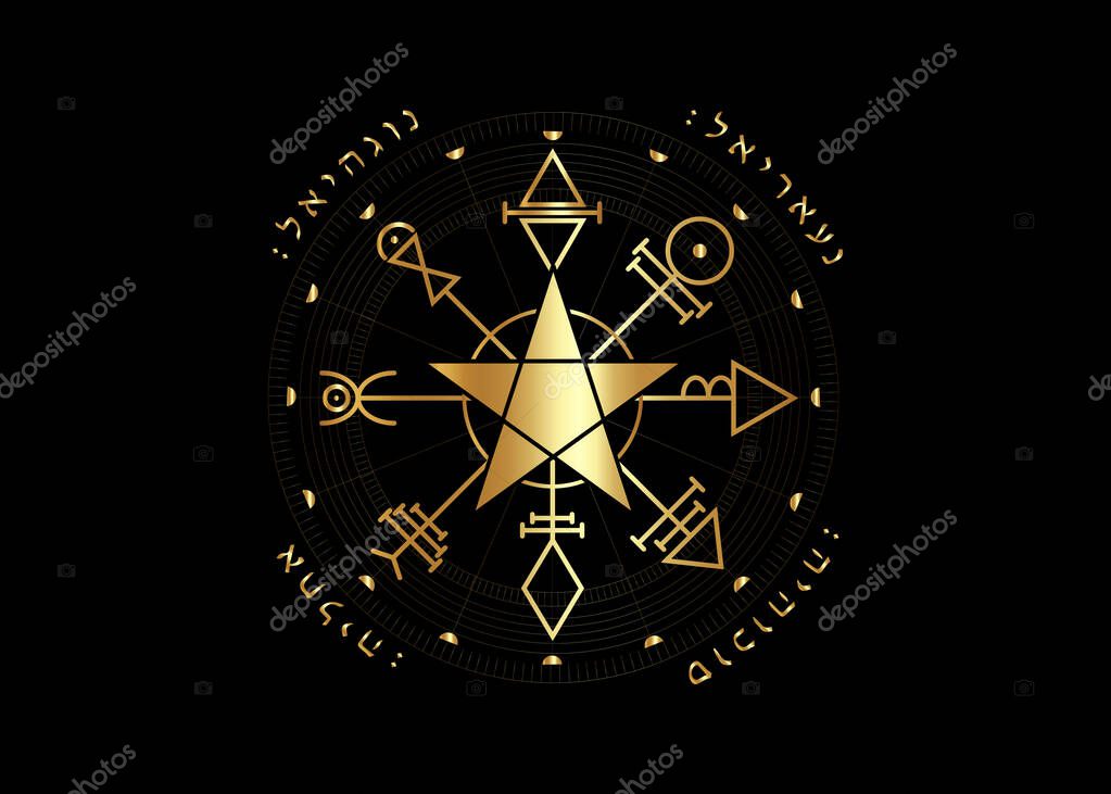 First Pentacle of Venus, seals magical talisman. Sacred geometry. Vegvisir compass mystical Characters gold amulet, tattoo art, logo, prints. Stock vector illustration isolated black background
