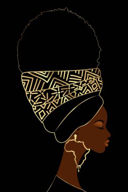 Afro kıvırcık saçlı geleneksel türbanlı Afrikalı kadın portresi. Afrika altın küpeleri. Tipik türban. Güzel etnik moda tasarımı. Vektör illüstrasyonu siyah arkaplanda izole edildi