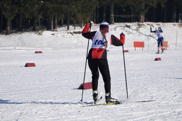 Skidåkare Röda Träningsoverall Skidåkning Skogen Vinter — Stockfoto