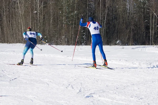 Dois Homens Esquiam Traje Corrida Azul Passeios Com Esqui Floresta — Fotografia de Stock