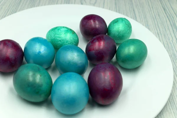 Easter Eggs Blue Wooden Table — Stock Photo, Image