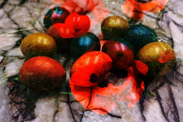 Huevos Pascua Mesa Madera Natural Fondo Textura — Foto de Stock