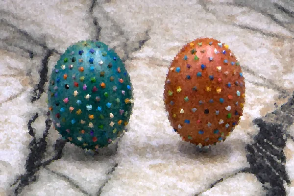 Paskalya. Turuncu arka plan üzerinde döşeme küçük çok renkli düğmeler çiçek yakınındaki döşeme ahşap dekore edilmiş yumurta