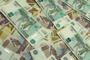 Nakit para birimi mezhep beş Rublesi Rusya bin bin Rus banknotlar grubun arka plan