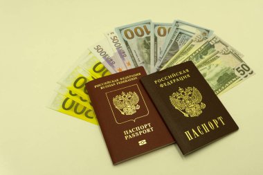 Rus Avrupa pasaportu farklı bir dolar ve üç Euro banknot üzerinde beyaz bir arka plan sağlar