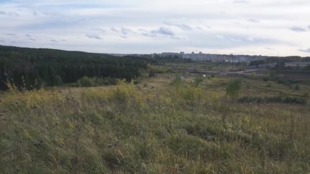 Vista Pájaro Sobre Una Pequeña Ciudad Zona Residencial Noche Otoño — Vídeos de Stock