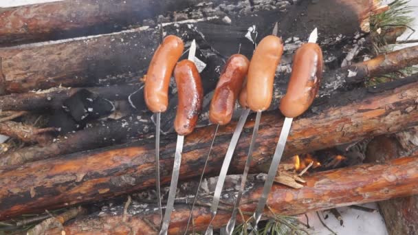 Salchichas Jugosas Deliciosas Cocinadas Parrilla Con Fuego — Vídeo de stock