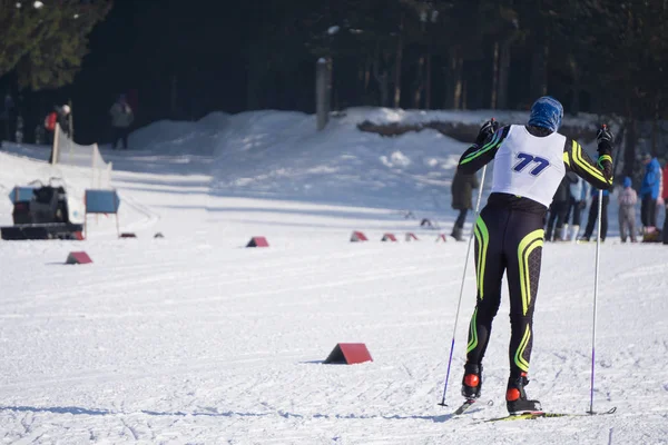 Sportler Skifahrer Laufen Einen Skimarathon Winterwald — Stockfoto