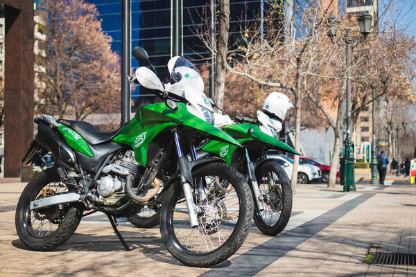 Santiago, RM / Chile - August 29 2018: Chilean Police motorbikes parked in the city