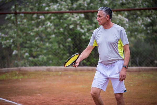 Kypsä Mies Pelaa Tennistä — kuvapankkivalokuva