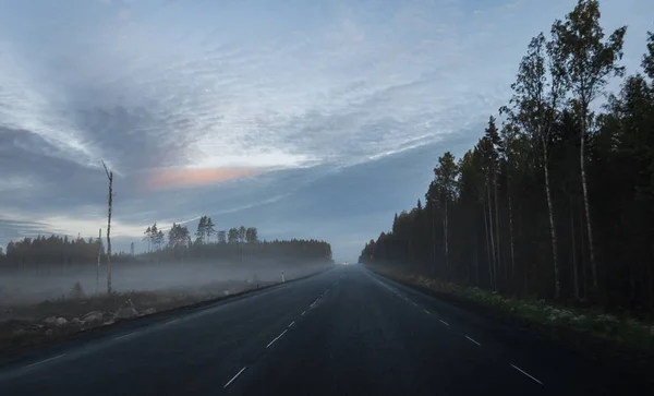 Foggy sonbahar sabahı Finlandiya de yol tarafında alanlarla